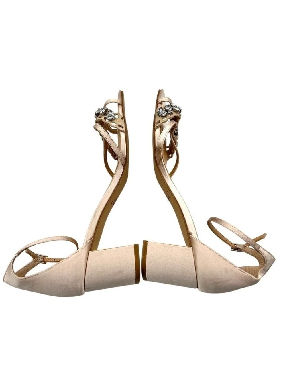 Jewel Badgley Mischka Champagne Satin Crystal Embellished Block Heels Size 8.5